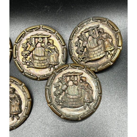 Antique Brass Button "The Wishing Well" 2-Part Rotating Large Metal Set of 5 - Picture 7 of 13